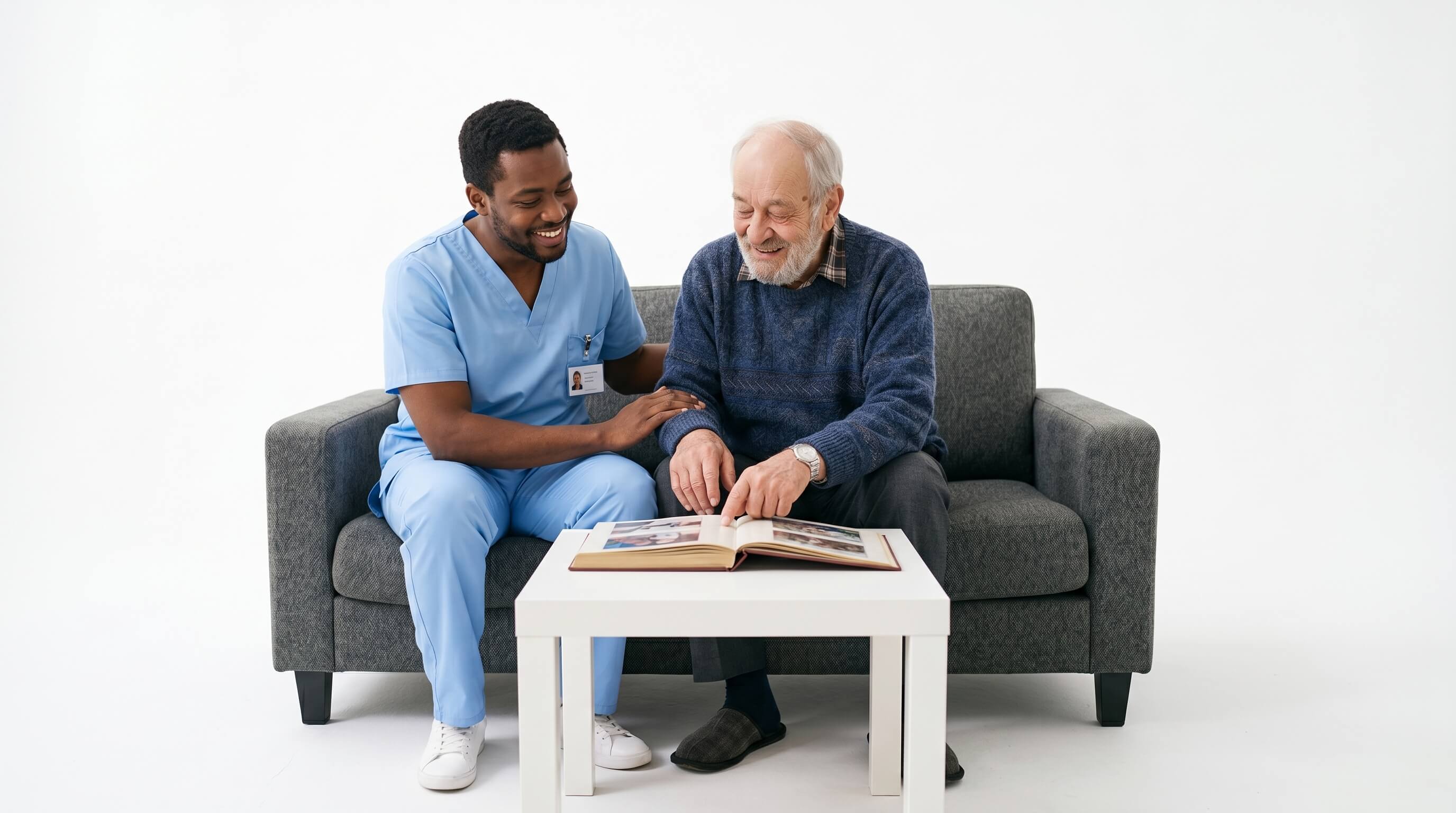 Care worker and client sharing memories