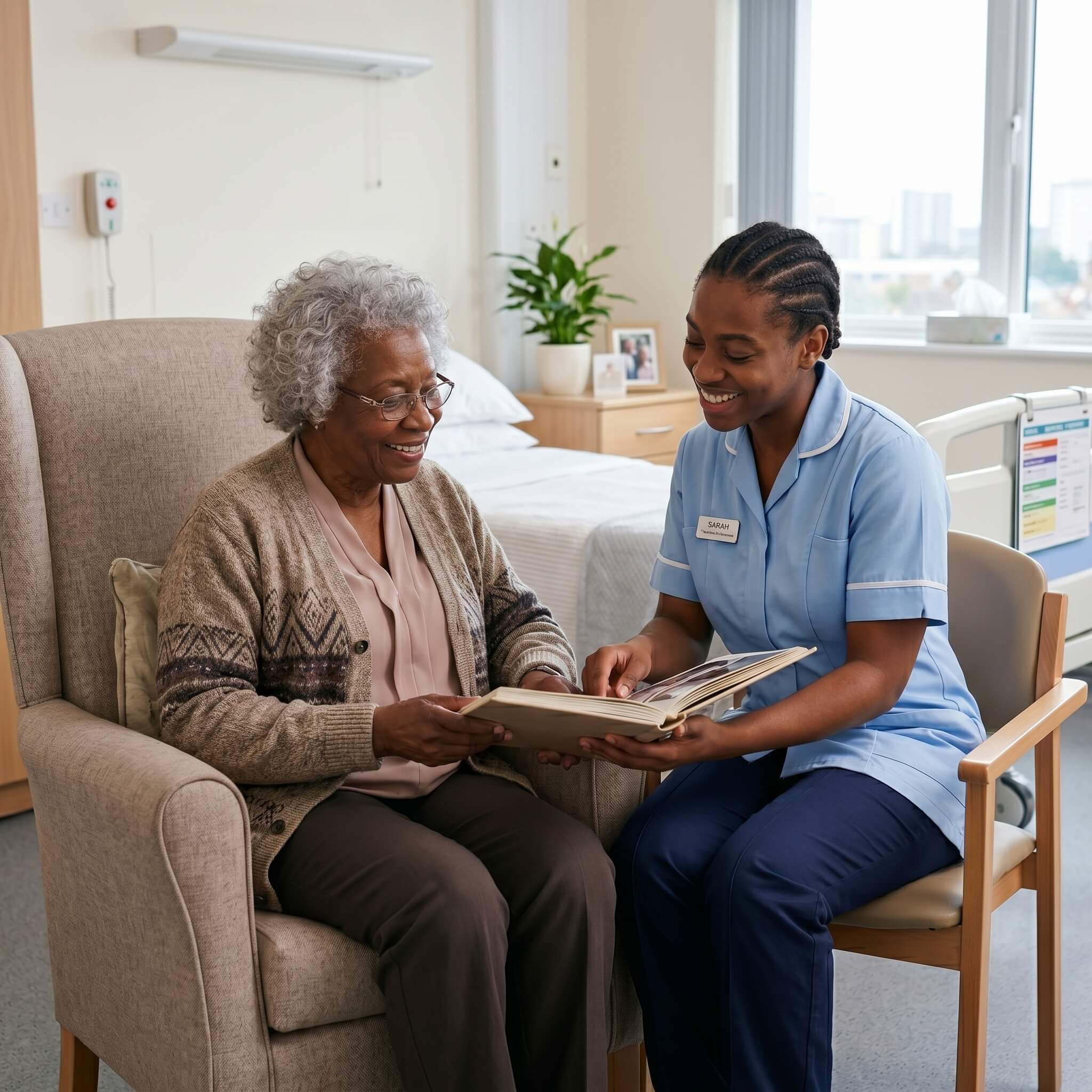 Care worker supporting client after hospital discharge