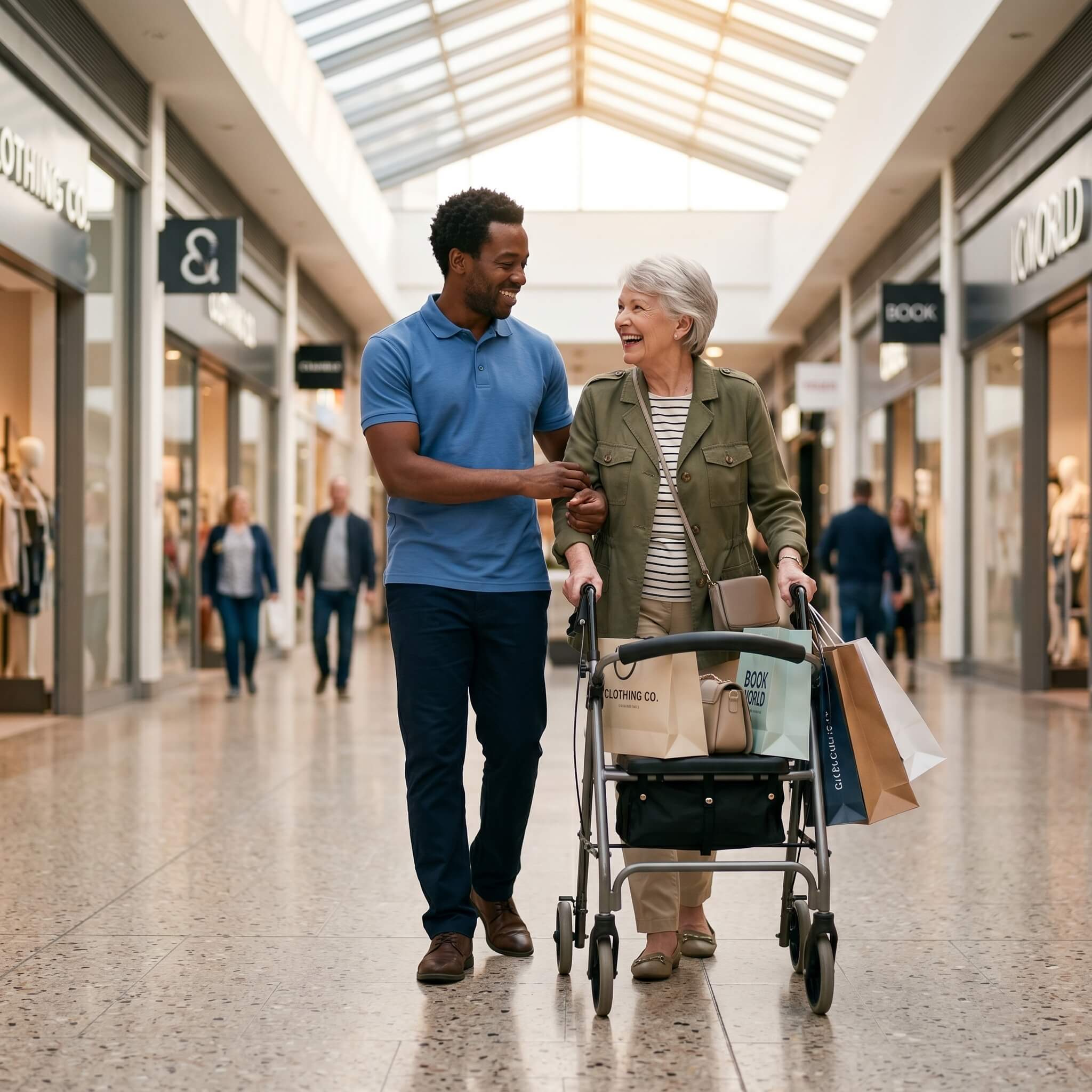 Support worker accompanying client on shopping outing